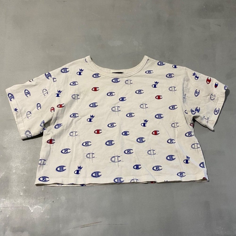 Champion Shirt Womens‎ Size Large white cropped logo crop short sleeve AOP